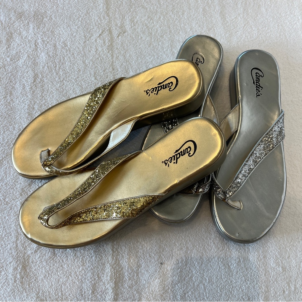 Candie's Gold and Silver Sandals with Rhinestone Embellishments